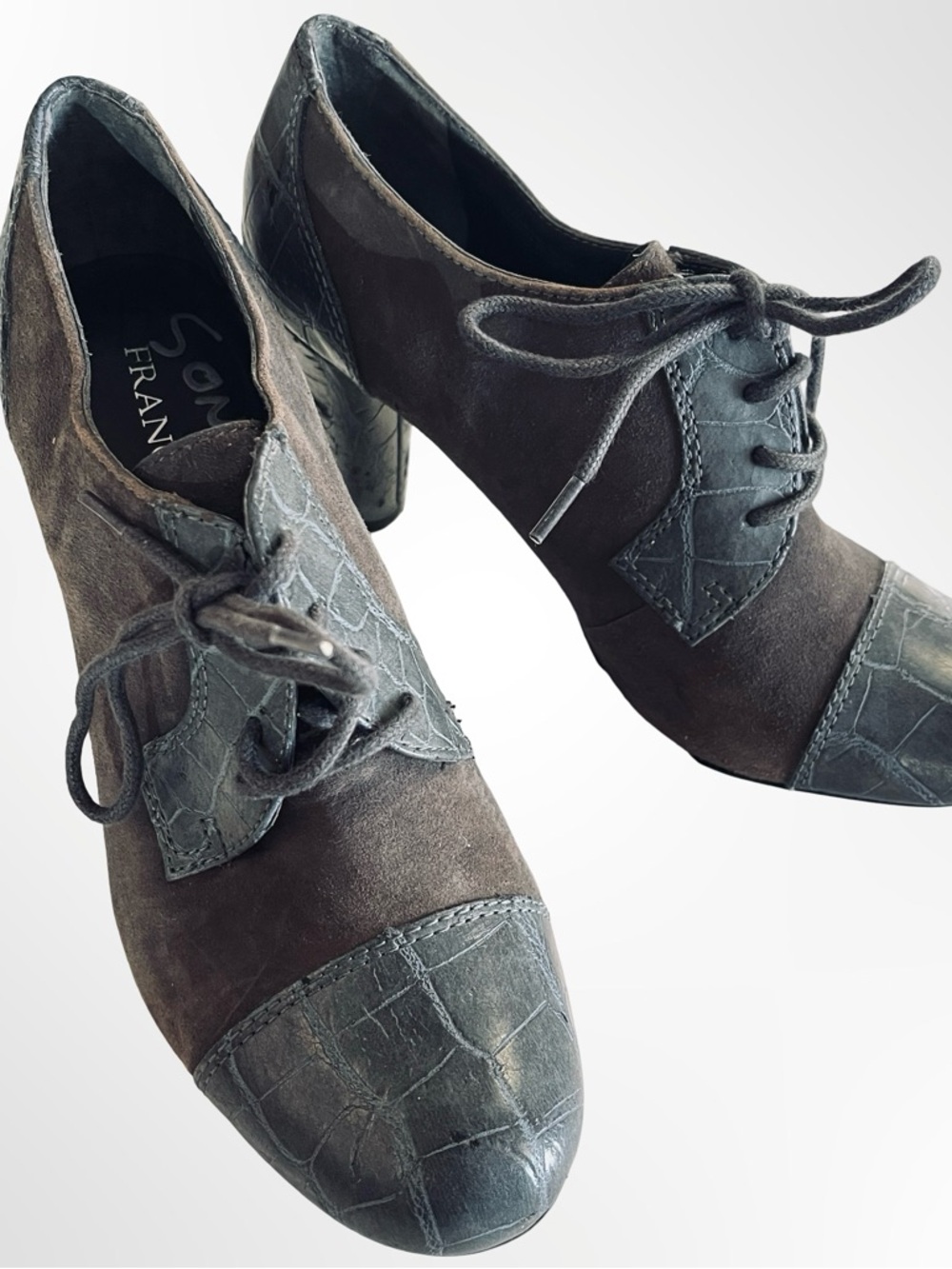 Franco Sarto Brown Suede & Croc-Embossed Lace-Up Oxfords